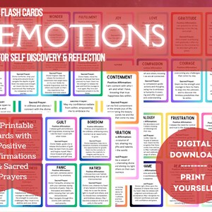 Tarjetas didácticas de emociones: 40 tarjetas imprimibles con afirmaciones y oraciones para el autodescubrimiento, la curación, herramientas de inteligencia emocional, ayuda terapéutica
