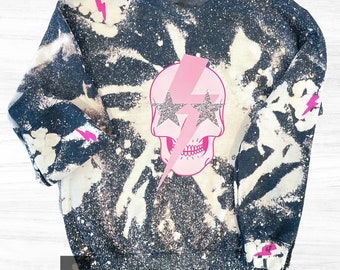Preppy Skull Sweatshirt, Skeleton Bolt Sweatshirt, Trendy Gebleichtes Sweatshirt, Ästhetische Grafik Sweatshirt, Rundhalsausschnitt