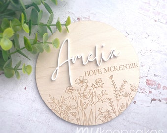 Wildflower Baby Announcement Plaque | Engraved Plywood Name Sign