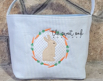 Custom Easter Basket Applique Easter Basket Custom Seersucker Easter Basket Kids Easter Basket Applique Bunny Basket Embroidered Bunny