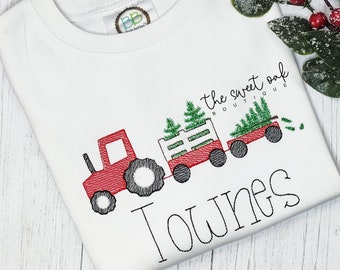 Embroidered Christmas Tractor Shirt Custom Toddler Christmas Tree Tractor Shirt Personalized Embroidered Christmas Shirt