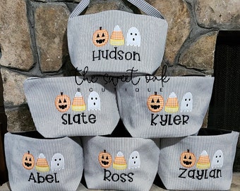 Kids Halloween Basket, Custom Seersucker Basket Embroidered Halloween Bucket Applique Halloween Basket Ghost Jack-O-Lantern Basket Halloween