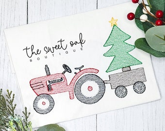 Embroidered Christmas Tractor Shirt Custom Toddler Christmas Tree Tractor Shirt Personalized Embroidered Christmas Shirt