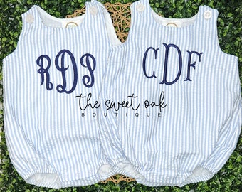 Monogram Seersucker Bubble, Custom Baby Summer Outfit, Personalized Seersucker Outfit, Baby Summer Bubble, Baby Seersucker Bubble Romper