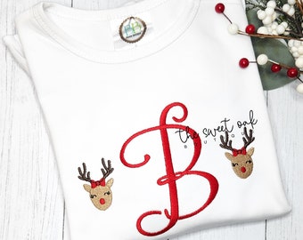Reindeer w/ Bow Monogram Shirt Custom Embroidered Christmas Shirt Kids Monogram Christmas Shirt Embroidered Monogram Reindeer Shirt