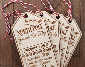 North Pole Gift Tags, Laser Engraved Wooden Gift Tags, Custom Santa Gift Tags, Christmas Gift Tag, North Pole Delivery Tags