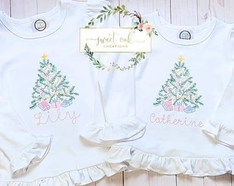 Embroidered  Christmas Tree with Presents Shirt Custom Toddler Girl Christmas Shirt Embroidered Girls Christmas Shirt Girl Christmas Shirt