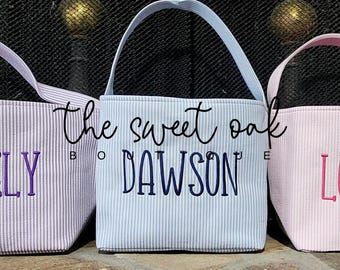 Personalized Easter Basket Custom Seersucker Easter Basket Embroidered Monogram Easter Basket Custom Easter Basket