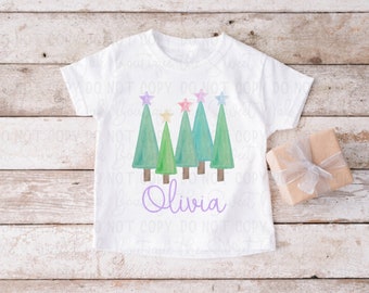Watercolor Christmas Shirt Personalized Trees Shirt Custom Toddler Girls Christmas Shirt Kids Christmas Shirt Custom Toddler Christmas Shirt