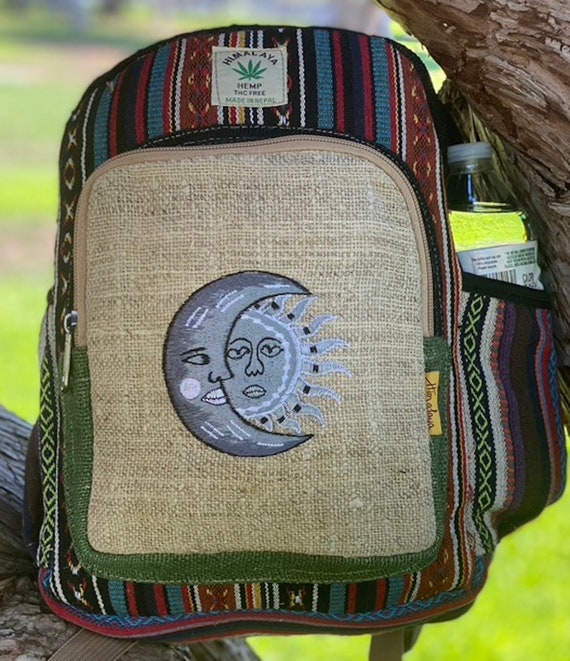 Handmade Hemp Mini Backpack: Sun & Moon Design, Eco-friendly  display picture 1