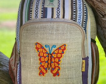 Himalaya Hanf Rucksack: Schmetterling Applikation, handgemachter Schulrucksack