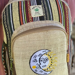 Mochila de cáñamo, hecha a mano, ecológica, mochila única, mochila de senderismo sol y luna, mochila hippie, mochila, mochila para computadora portátil