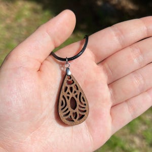 Wood Teardrop Mandala Necklace | Laser Engraved Wood Charm Necklace | Handmade Jewelry