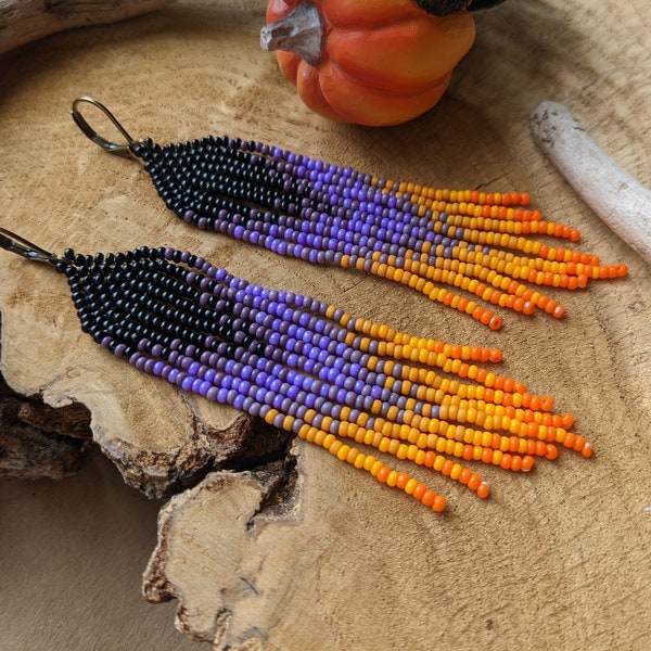 Halloween beaded earrings purple pumpkin orange fringe handmade jewelry