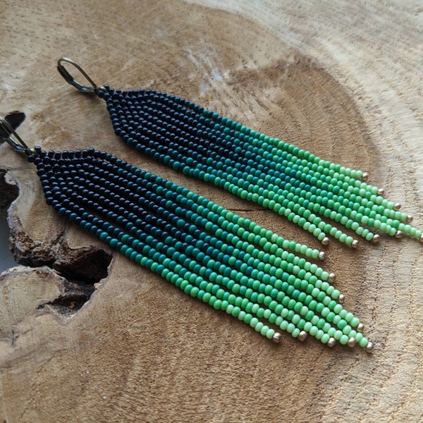 Green black beaded earrings handmade hippie Boho style beadwork gift