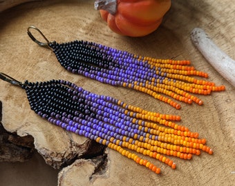 Halloween beaded earrings purple pumpkin orange fringe handmade jewelry