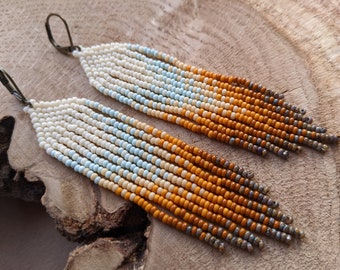 Gradient beaded earrings handmade fringe woven jewelry