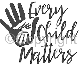 May include: Black and white graphic design with two handprints, one on top of the other. The text "Every Child Matters" is written in a stylized font.
