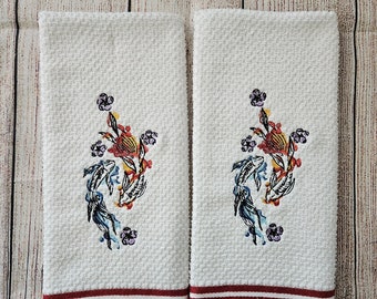Embroidered Painted Koi Fish Dish Towel 2 Piece Set