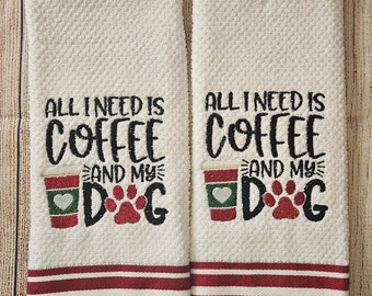 Embroidered Coffee and Dog Dish Towel 2 Piece Set