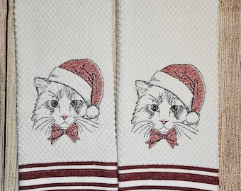 Embroidered Christmas Cat Dish Towel 2 Piece Set