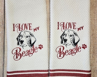 Embroidered I Love My Beagle Dog Dish Towel 2 Piece Set