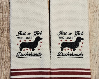 Embroidered Girl Who Loves Dachshunds Dog Dish Towel 2 Piece Set