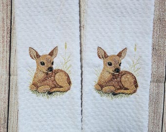 Embroidered Fall/Autumn Fawn/Deer Dish Towel 2 Piece Set