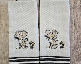 Embroidered Halloween Mummy Cartoon Dog Dish Towel 2 Piece Set
