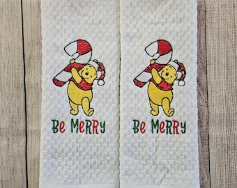 Embroidered Christmas Winnie the Pooh Dish Towel 2 Piece Set