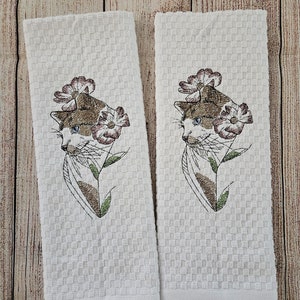 Conjunto de 2 peças de toalha de prato bordada para gato e flor