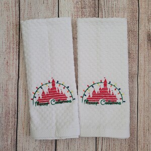 Embroidered Christmas Castle Dish Towel 2 Piece Set