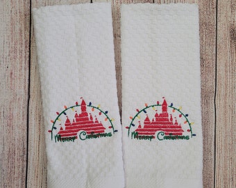 Embroidered Christmas Castle Dish Towel 2 Piece Set