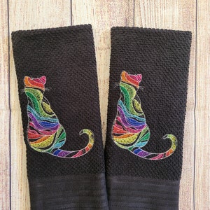 Conjunto de 2 peças de toalha de prato para gato colorida arco-íris bordada