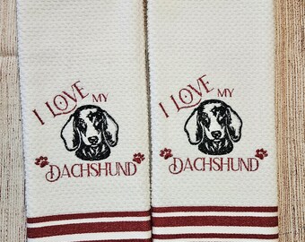 Embroidered I Love My Dachshund Dog Dish Towel 2 Piece Set