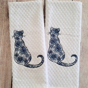 Conjunto de 2 peças de panos de prato com estampa floral bordada para gatos