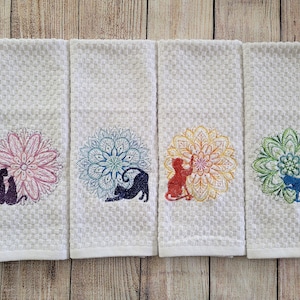 Conjunto de 4 peças de toalha de prato bordada Mandala Cats