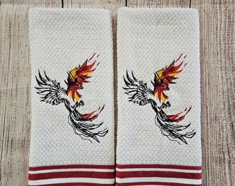 Embroidered Painted Phoenix Bird Dish Towel 2 Piece Set