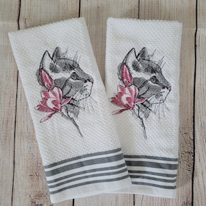 Conjunto de 2 peças de toalha de prato bordada para gato
