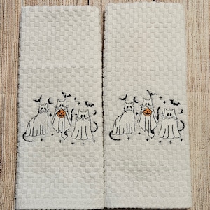 Embroidered Halloween Ghost Cat Dish Towel 2 Piece Set