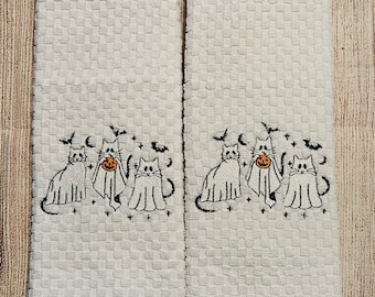 Embroidered Halloween Ghost Cat Dish Towel 2 Piece Set