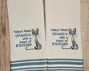 Embroidered Cranky Cat Dish Towel 2 Piece Set