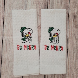 Embroidered Christmas Cartoon Dog 2 Dish Towel 2 Piece Set