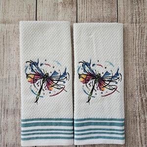Embroidered Painted Dragonfly Dish Towel 2 Piece Set