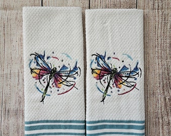 Embroidered Painted Dragonfly Dish Towel 2 Piece Set