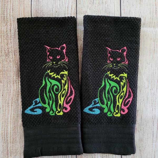 Embroidered Neon Swirly Cat Dish Towel 2 Piece Set Black Light Reflective