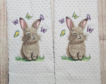 Embroidered Springtime Easter Butterfly Bunny Dish Towel 2 Piece Set