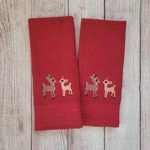 Embroidered Rudolph the Red Nose Reindeer Dish Towel 2 Piece Set