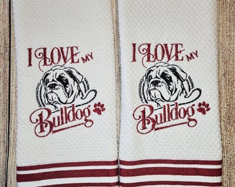 Embroidered I Love My Bulldog Dog Dish Towel 2 Piece Set