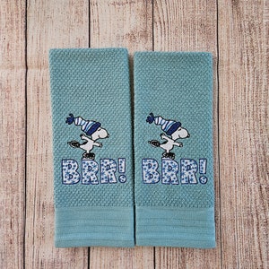 Embroidered Christmas Ice Skating Cartoon Dog Dish Towel 2 Piece Set